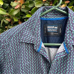 Monument Men’s Short Sleeve Navy +Pink&Green Palm Trees Button Down Shirt Size M